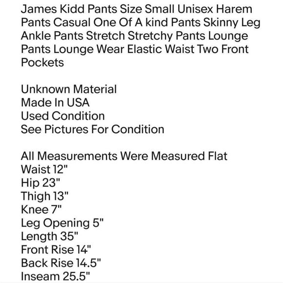 James Kidd Pants Size Small Unisex Harem Pants Casual One Of A kind Pants Skinny - Picture 7 of 7